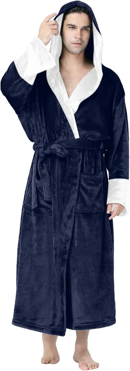 SUWBMHWE Mens Robe with Hood Long Soft Fluffy House Coat Lounge Robes Full Length Bathrobes men Plush Bathrobe Sleepwear