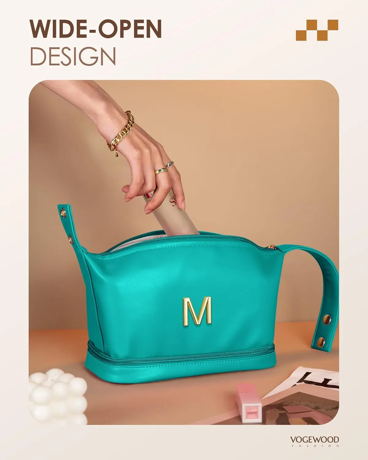 Teenage Girl Gifts 13-15, Personalized Makeup Bag with Handle, Initial Double Layer Cosmetic Bag with Makeup Brush Organizer, Cute Cosmetic Pouch for Women, Gifts for Female Mom
