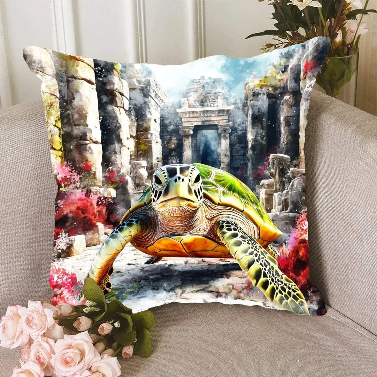 Throw Pillow Cover Sea Turtle Ocean Theme Green Turtle Cruising Through a Sunken City Pattern Wildlife Decor Lumbar Pillow Case Cushion for Sofa Couch Bed Standard Queen Size 12x12in tg8Iru