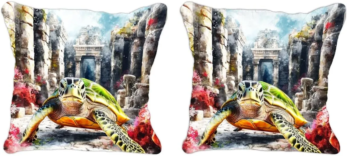Throw Pillow Cover Sea Turtle Ocean Theme Green Turtle Cruising Through a Sunken City Pattern Wildlife Decor Lumbar Pillow Case Cushion for Sofa Couch Bed Standard Queen Size 12x12in tg8Iru
