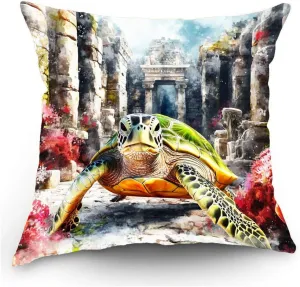 Throw Pillow Cover Sea Turtle Ocean Theme Green Turtle Cruising Through a Sunken City Pattern Wildlife Decor Lumbar Pillow Case Cushion for Sofa Couch Bed Standard Queen Size 12x12in tg8Iru
