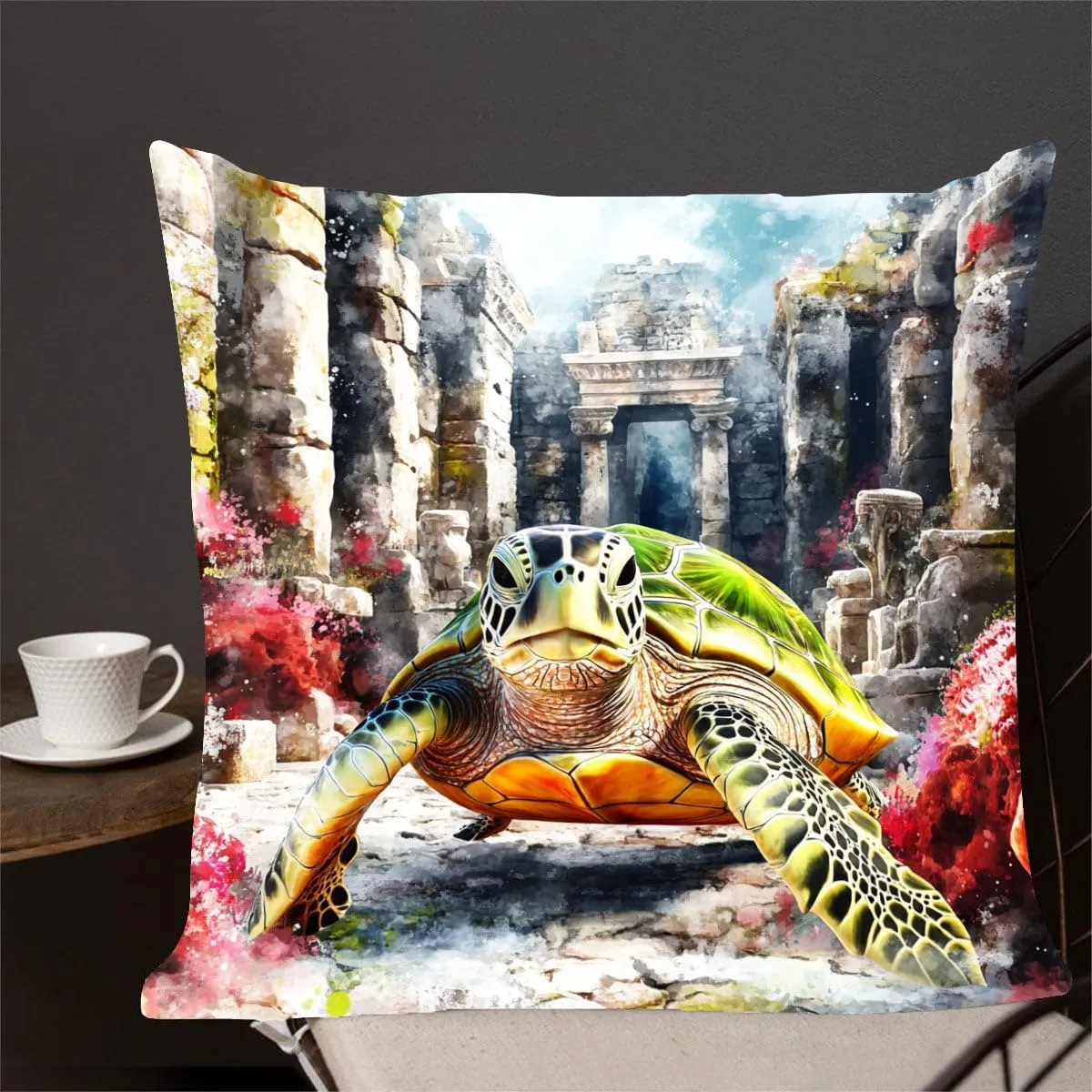 Throw Pillow Cover Sea Turtle Ocean Theme Green Turtle Cruising Through a Sunken City Pattern Wildlife Decor Lumbar Pillow Case Cushion for Sofa Couch Bed Standard Queen Size 12x12in tg8Iru