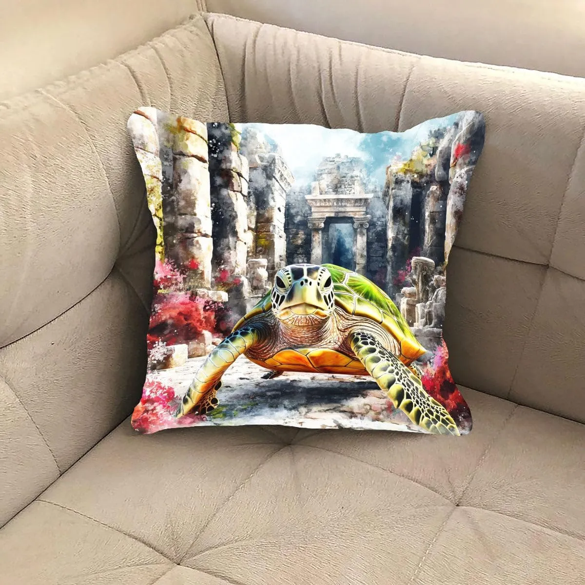Throw Pillow Cover Sea Turtle Ocean Theme Green Turtle Cruising Through a Sunken City Pattern Wildlife Decor Lumbar Pillow Case Cushion for Sofa Couch Bed Standard Queen Size 12x12in tg8Iru