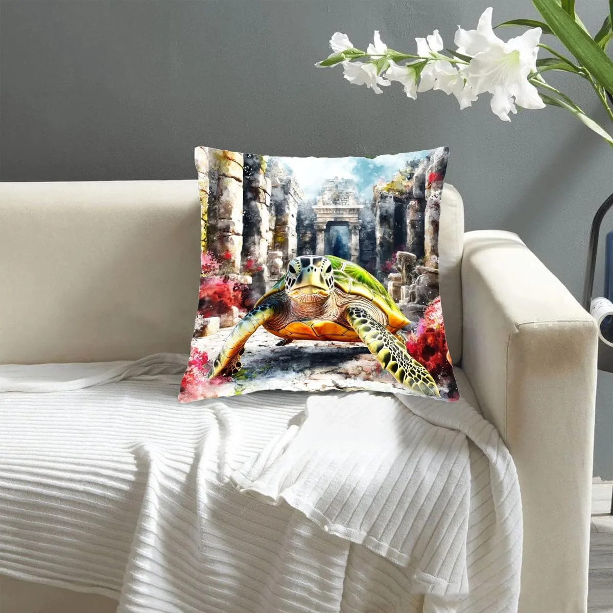Throw Pillow Cover Sea Turtle Ocean Theme Green Turtle Cruising Through a Sunken City Pattern Wildlife Decor Lumbar Pillow Case Cushion for Sofa Couch Bed Standard Queen Size 12x12in tg8Iru