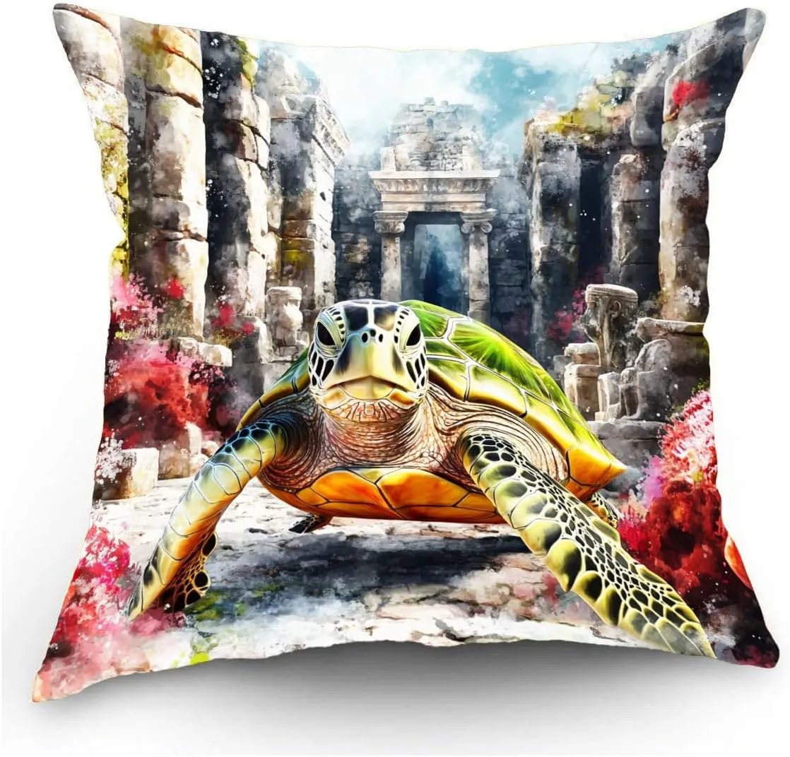 Throw Pillow Cover Sea Turtle Ocean Theme Green Turtle Cruising Through a Sunken City Pattern Wildlife Decor Lumbar Pillow Case Cushion for Sofa Couch Bed Standard Queen Size 12x12in tg8Iru
