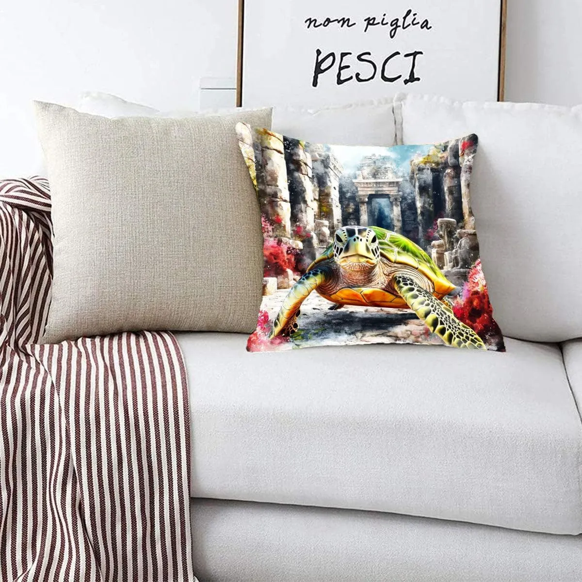 Throw Pillow Cover Sea Turtle Ocean Theme Green Turtle Cruising Through a Sunken City Pattern Wildlife Decor Lumbar Pillow Case Cushion for Sofa Couch Bed Standard Queen Size 12x12in tg8Iru