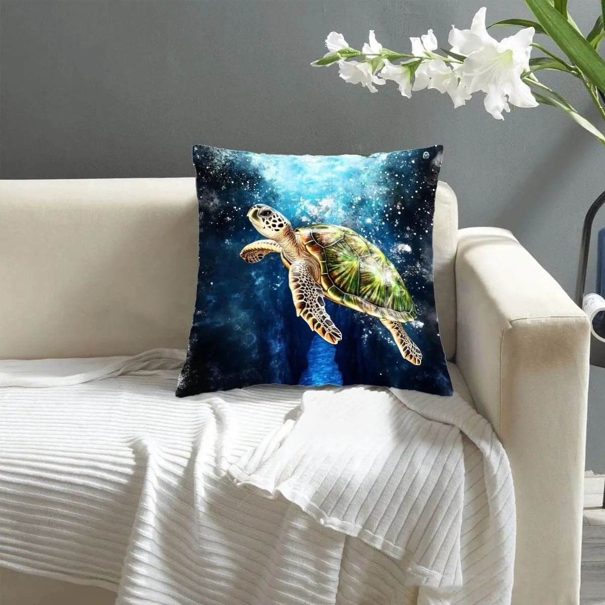 Throw Pillow Cover Sea Turtle Ocean Theme Green Turtle Near a deep Blue Trench Pattern Wildlife Decor Lumbar Pillow Case Cushion for Sofa Couch Bed Standard Queen Size 12x12in ABETGz