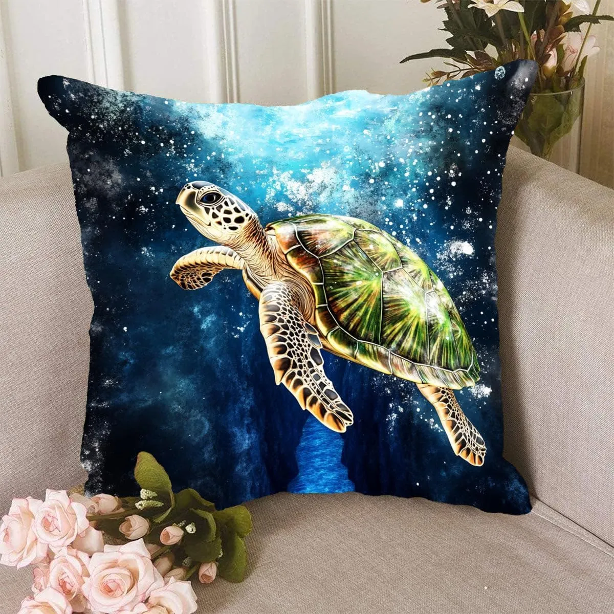 Throw Pillow Cover Sea Turtle Ocean Theme Green Turtle Near a deep Blue Trench Pattern Wildlife Decor Lumbar Pillow Case Cushion for Sofa Couch Bed Standard Queen Size 12x12in ABETGz