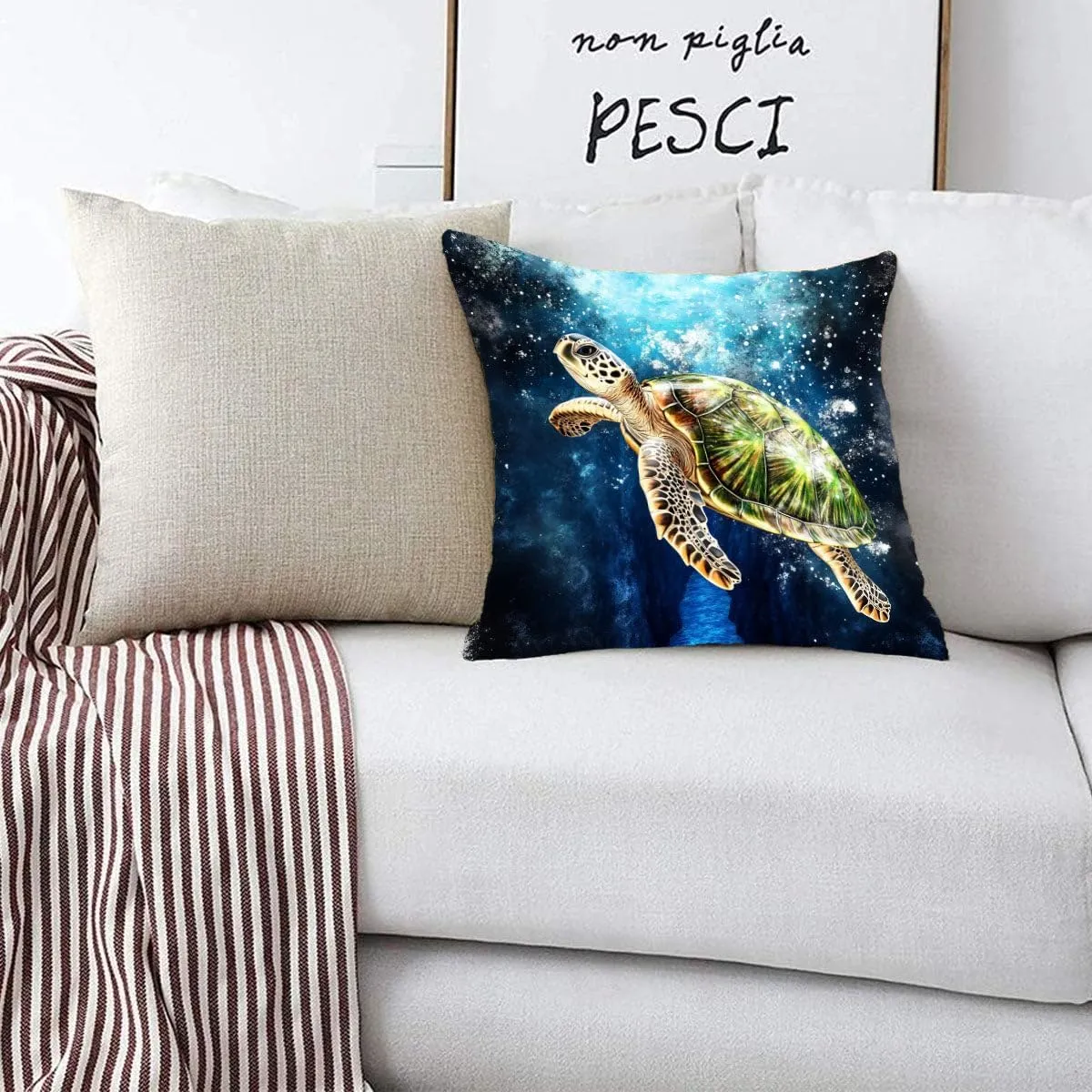 Throw Pillow Cover Sea Turtle Ocean Theme Green Turtle Near a deep Blue Trench Pattern Wildlife Decor Lumbar Pillow Case Cushion for Sofa Couch Bed Standard Queen Size 12x12in ABETGz