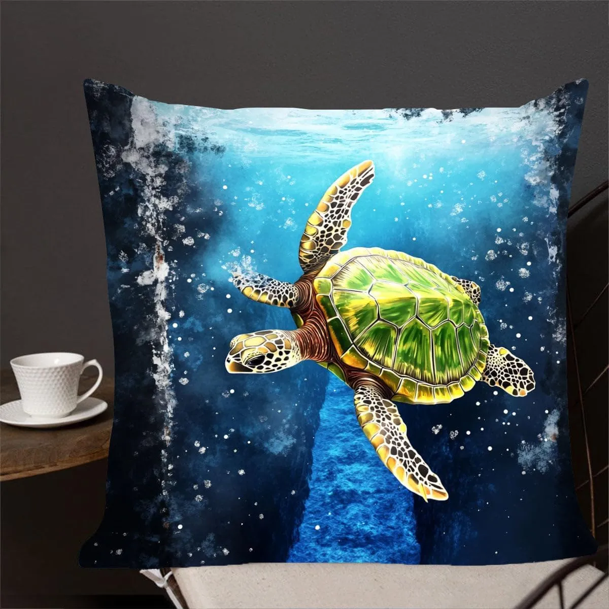 Throw Pillow Cover Sea Turtle Ocean Theme Green Turtle Near a deep Blue Trench Pattern Wildlife Decor Lumbar Pillow Case Cushion for Sofa Couch Bed Standard Queen Size 12x12in QFMmAH
