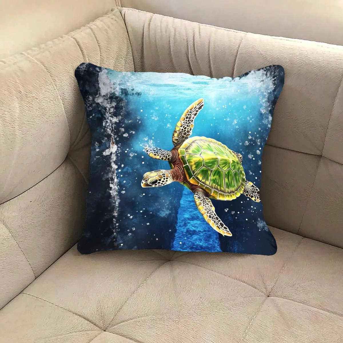 Throw Pillow Cover Sea Turtle Ocean Theme Green Turtle Near a deep Blue Trench Pattern Wildlife Decor Lumbar Pillow Case Cushion for Sofa Couch Bed Standard Queen Size 12x12in QFMmAH