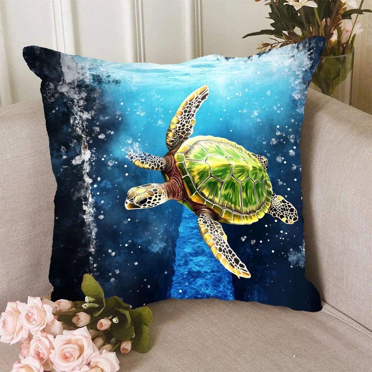 Throw Pillow Cover Sea Turtle Ocean Theme Green Turtle Near a deep Blue Trench Pattern Wildlife Decor Lumbar Pillow Case Cushion for Sofa Couch Bed Standard Queen Size 12x12in QFMmAH