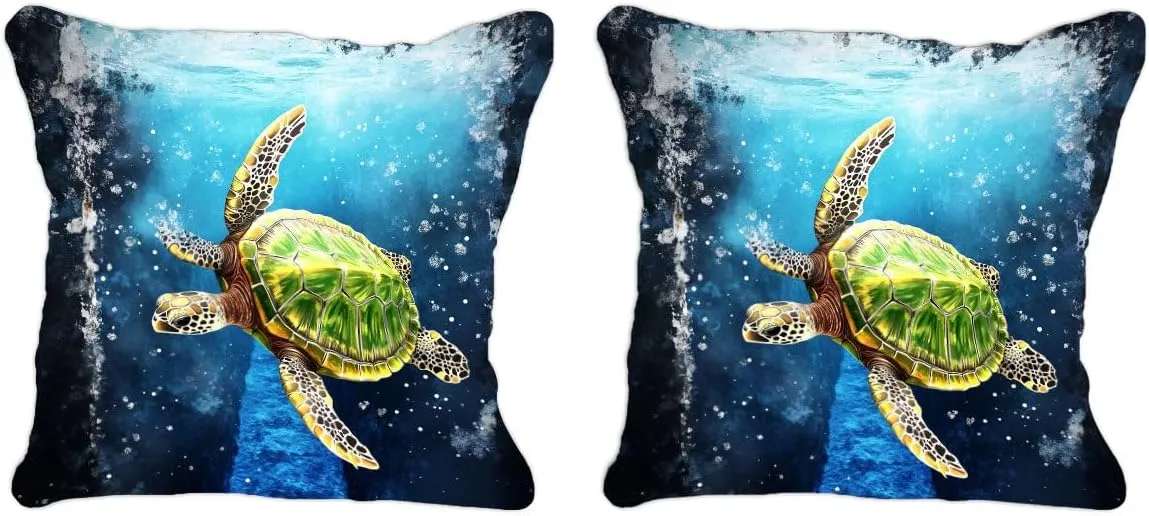 Throw Pillow Cover Sea Turtle Ocean Theme Green Turtle Near a deep Blue Trench Pattern Wildlife Decor Lumbar Pillow Case Cushion for Sofa Couch Bed Standard Queen Size 12x12in QFMmAH