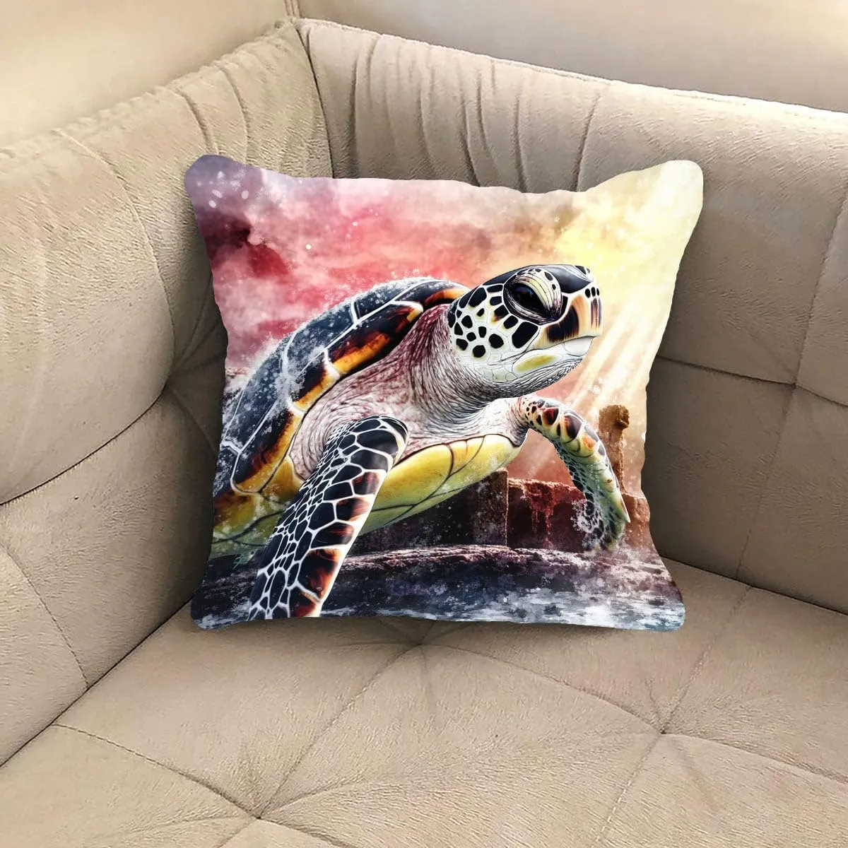 Throw Pillow Cover Sea Turtle Ocean Theme Hawksbill Turtle Near a Shipwreck at Twilight Pattern Wildlife Decor Lumbar Pillow Case Cushion for Sofa Couch Bed Standard Queen Size 12x12in DyaUoW