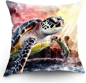 Throw Pillow Cover Sea Turtle Ocean Theme Hawksbill Turtle Near a Shipwreck at Twilight Pattern Wildlife Decor Lumbar Pillow Case Cushion for Sofa Couch Bed Standard Queen Size 12x12in DyaUoW