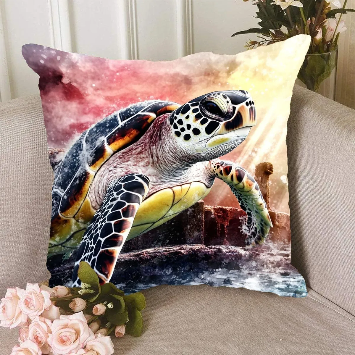 Throw Pillow Cover Sea Turtle Ocean Theme Hawksbill Turtle Near a Shipwreck at Twilight Pattern Wildlife Decor Lumbar Pillow Case Cushion for Sofa Couch Bed Standard Queen Size 12x12in DyaUoW