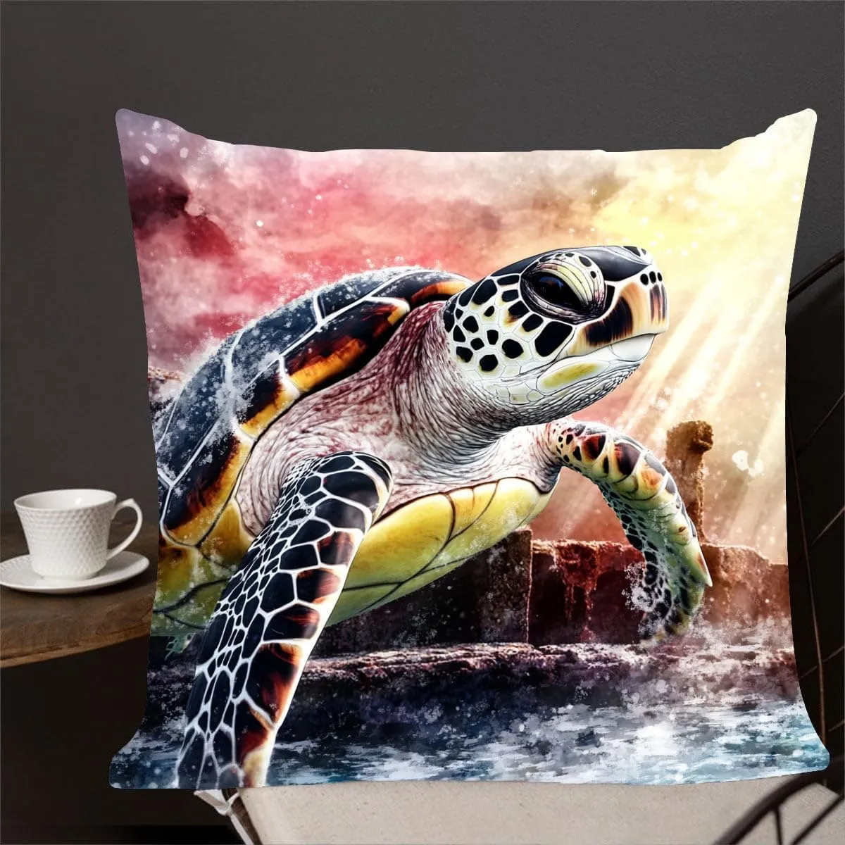Throw Pillow Cover Sea Turtle Ocean Theme Hawksbill Turtle Near a Shipwreck at Twilight Pattern Wildlife Decor Lumbar Pillow Case Cushion for Sofa Couch Bed Standard Queen Size 12x12in DyaUoW