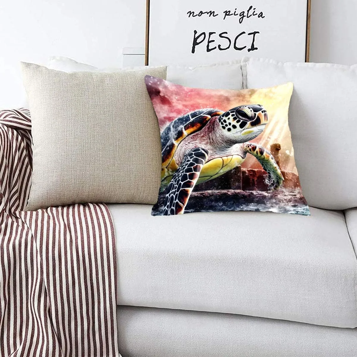 Throw Pillow Cover Sea Turtle Ocean Theme Hawksbill Turtle Near a Shipwreck at Twilight Pattern Wildlife Decor Lumbar Pillow Case Cushion for Sofa Couch Bed Standard Queen Size 12x12in DyaUoW