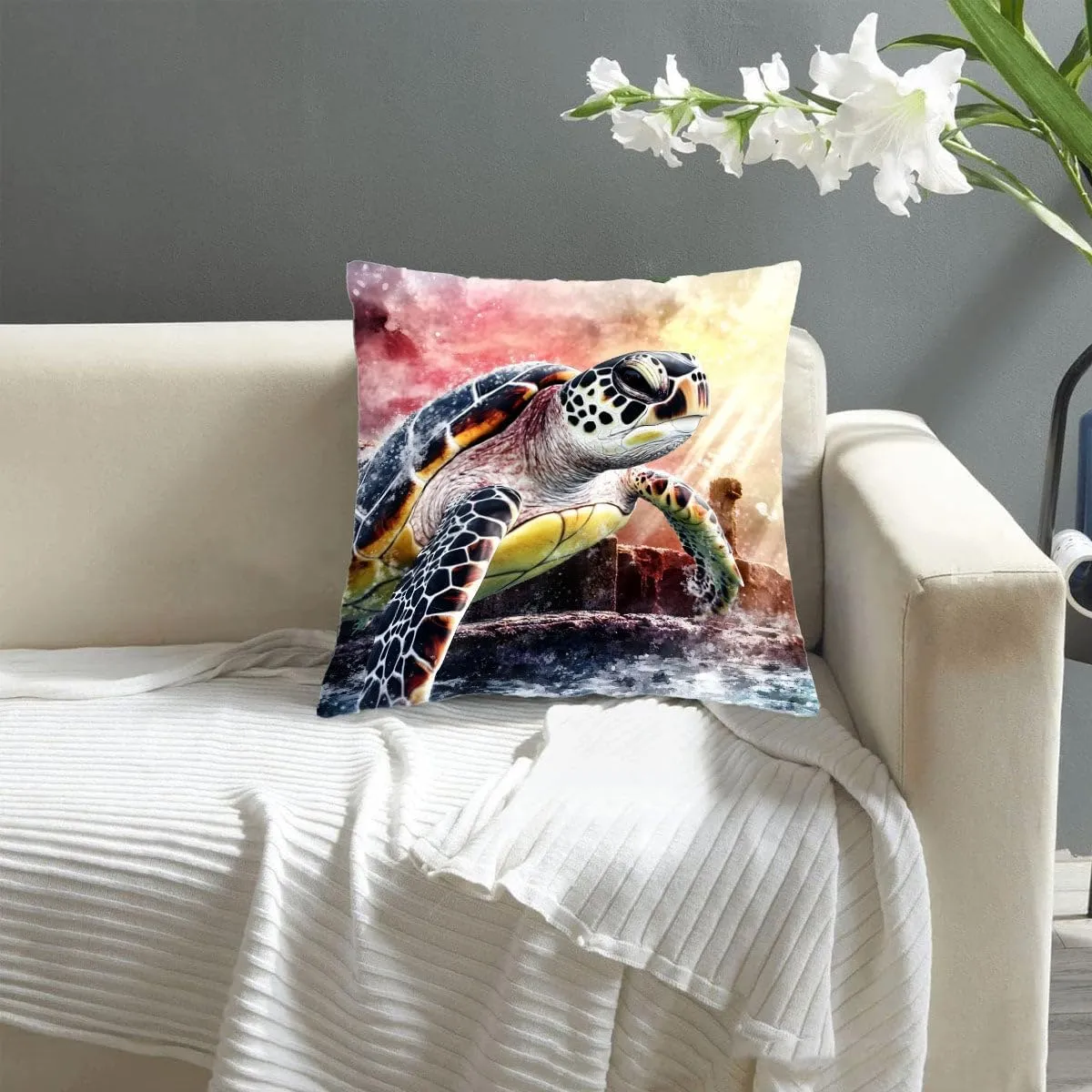 Throw Pillow Cover Sea Turtle Ocean Theme Hawksbill Turtle Near a Shipwreck at Twilight Pattern Wildlife Decor Lumbar Pillow Case Cushion for Sofa Couch Bed Standard Queen Size 12x12in DyaUoW