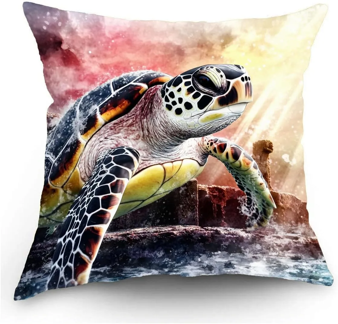 Throw Pillow Cover Sea Turtle Ocean Theme Hawksbill Turtle Near a Shipwreck at Twilight Pattern Wildlife Decor Lumbar Pillow Case Cushion for Sofa Couch Bed Standard Queen Size 12x12in DyaUoW
