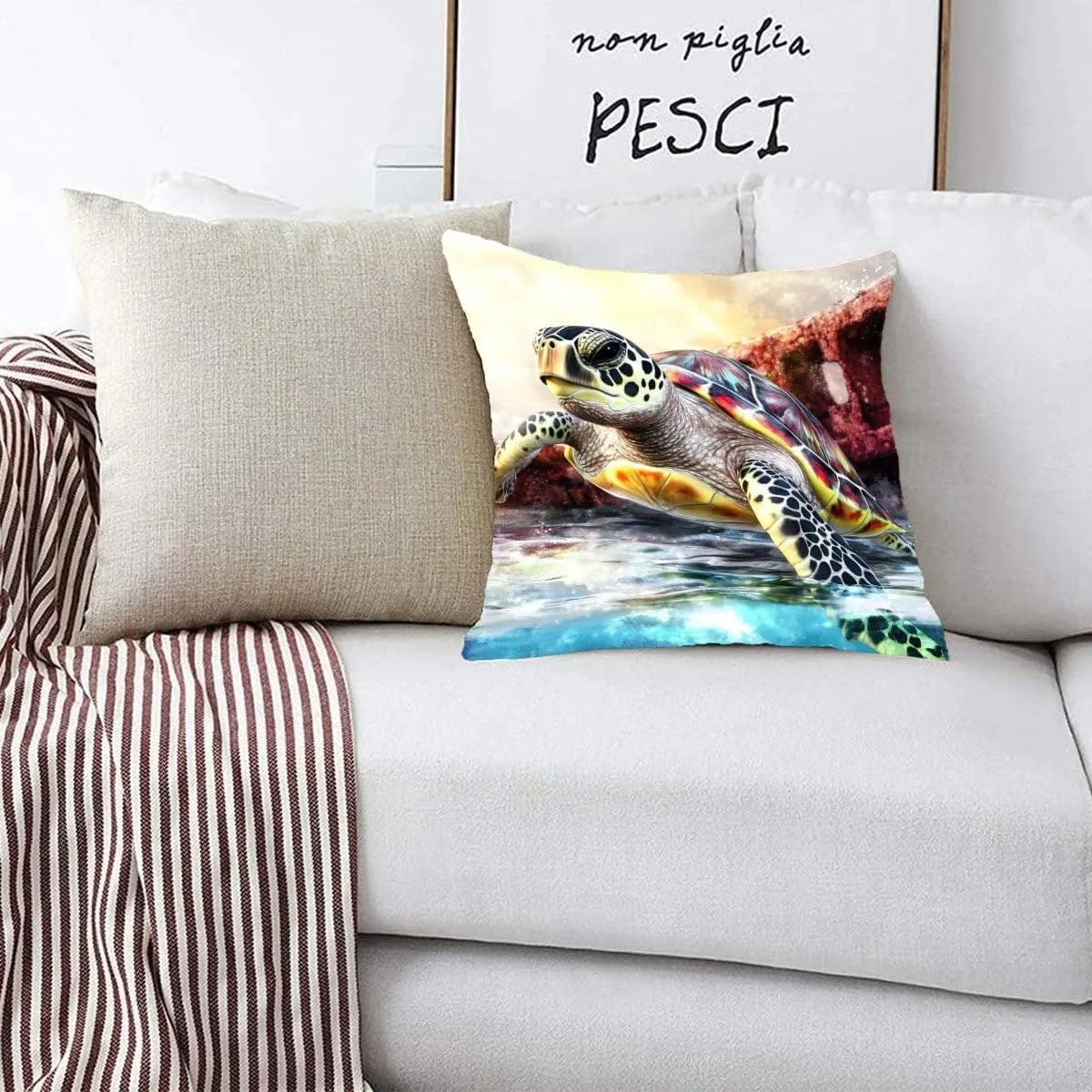 Throw Pillow Cover Sea Turtle Ocean Theme Hawksbill Turtle Near a Shipwreck at Twilight Pattern Wildlife Decor Lumbar Pillow Case Cushion for Sofa Couch Bed Standard Queen Size 12x12in nlHF6t