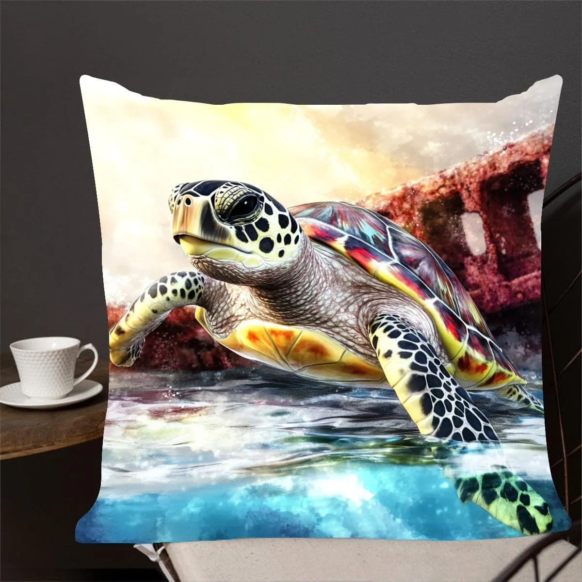Throw Pillow Cover Sea Turtle Ocean Theme Hawksbill Turtle Near a Shipwreck at Twilight Pattern Wildlife Decor Lumbar Pillow Case Cushion for Sofa Couch Bed Standard Queen Size 12x12in nlHF6t