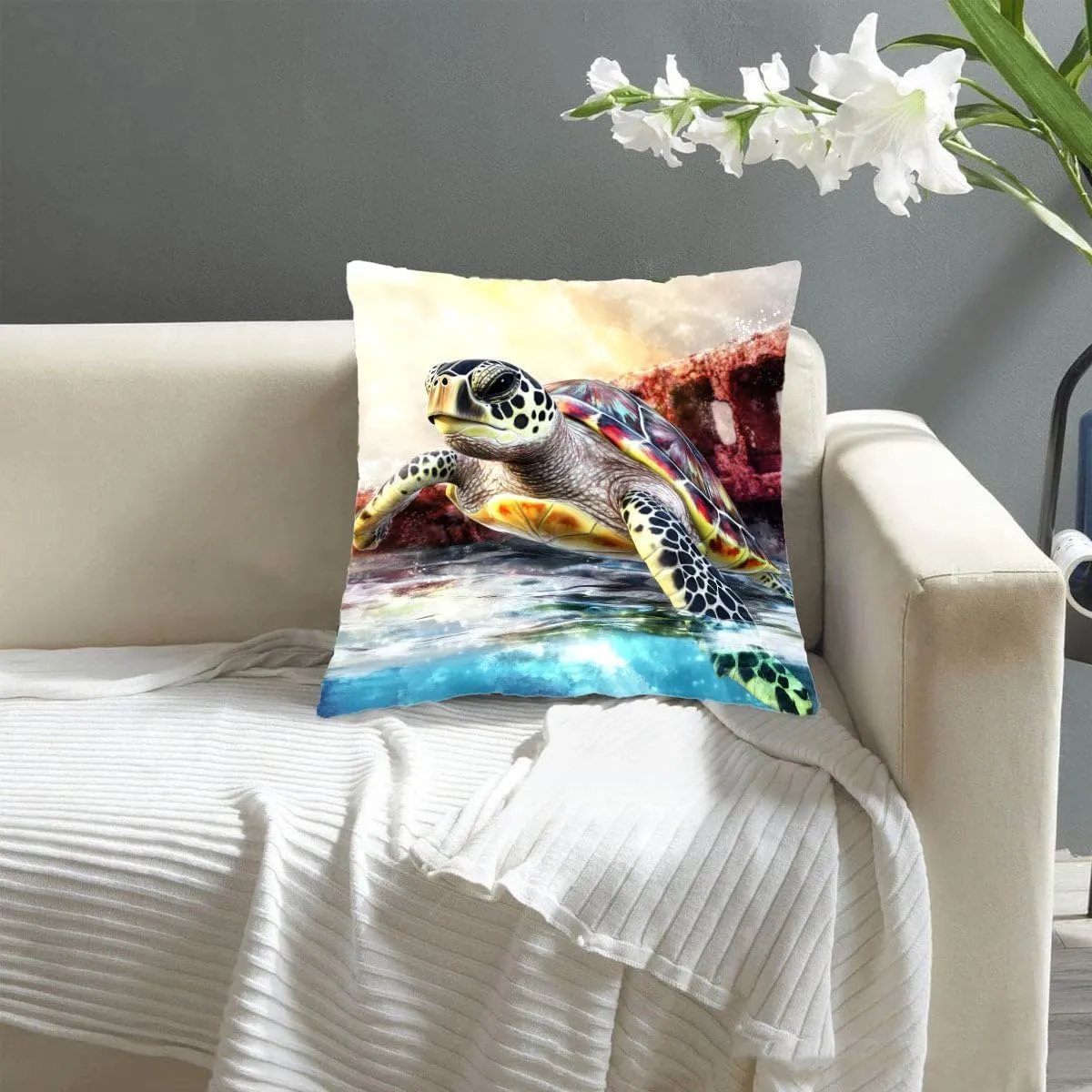 Throw Pillow Cover Sea Turtle Ocean Theme Hawksbill Turtle Near a Shipwreck at Twilight Pattern Wildlife Decor Lumbar Pillow Case Cushion for Sofa Couch Bed Standard Queen Size 12x12in nlHF6t