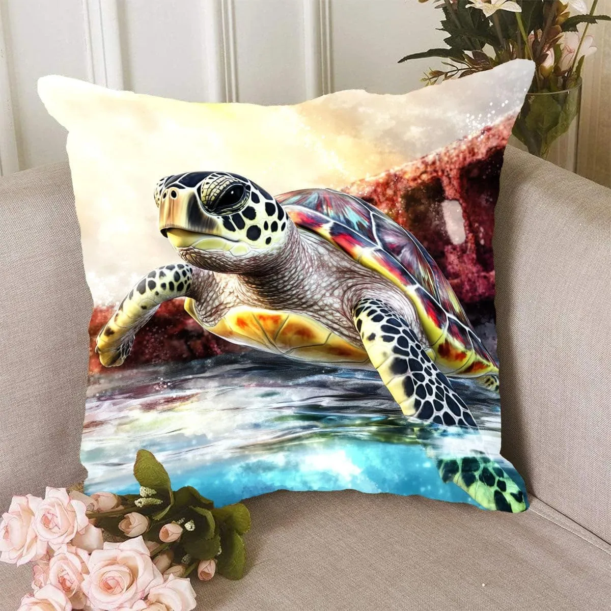 Throw Pillow Cover Sea Turtle Ocean Theme Hawksbill Turtle Near a Shipwreck at Twilight Pattern Wildlife Decor Lumbar Pillow Case Cushion for Sofa Couch Bed Standard Queen Size 12x12in nlHF6t