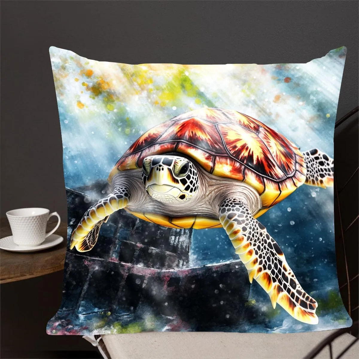 Throw Pillow Cover Sea Turtle Ocean Theme Hawksbill Turtle Near a Shipwreck at Twilight Pattern Wildlife Decor Lumbar Pillow Case Cushion for Sofa Couch Bed Standard Queen Size 12x12in Ox1Xmr