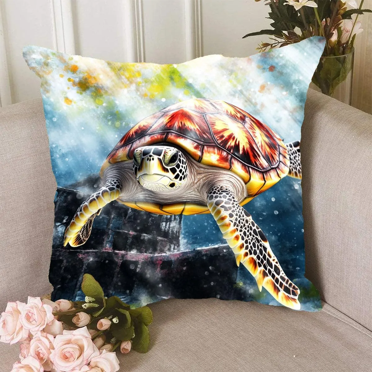 Throw Pillow Cover Sea Turtle Ocean Theme Hawksbill Turtle Near a Shipwreck at Twilight Pattern Wildlife Decor Lumbar Pillow Case Cushion for Sofa Couch Bed Standard Queen Size 12x12in Ox1Xmr