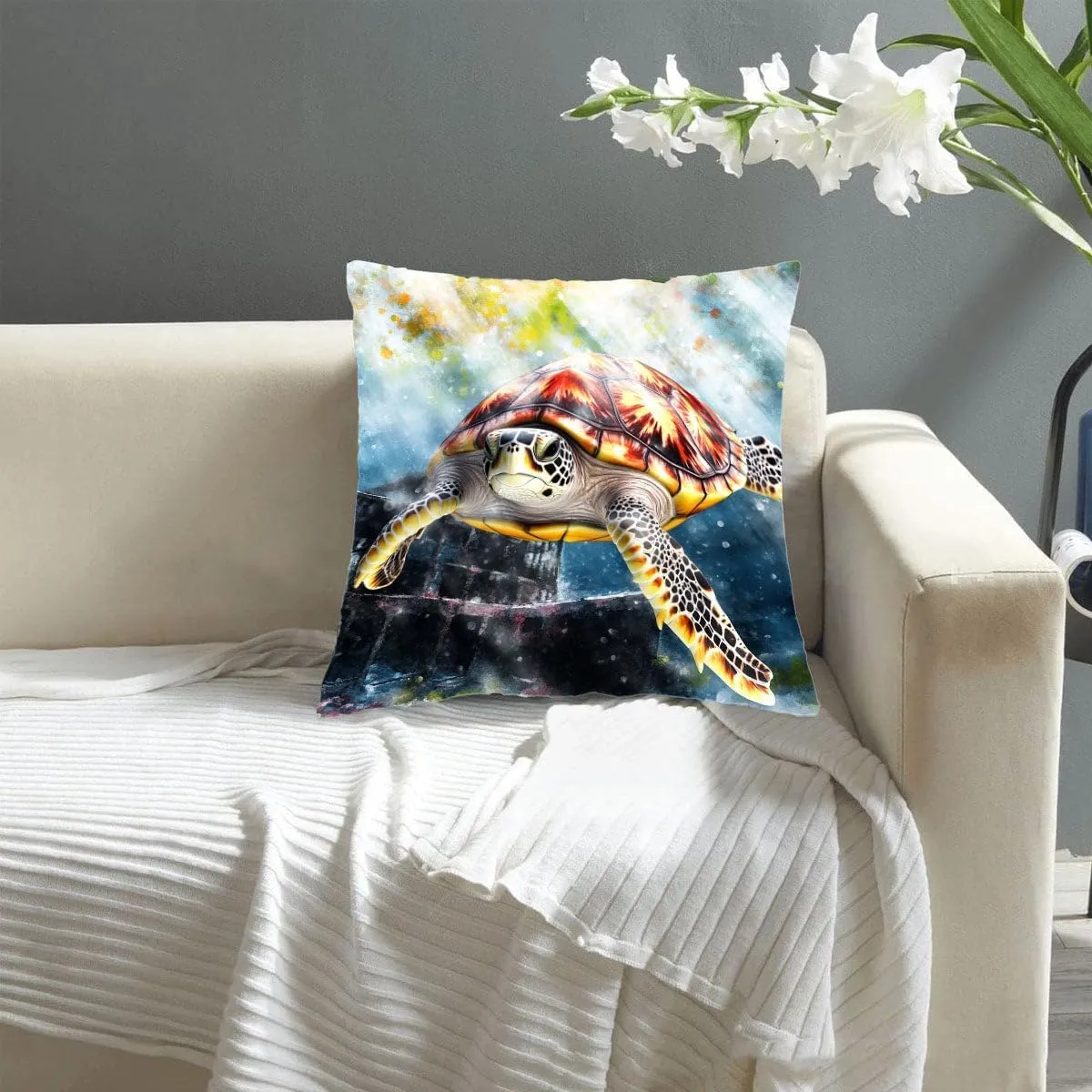 Throw Pillow Cover Sea Turtle Ocean Theme Hawksbill Turtle Near a Shipwreck at Twilight Pattern Wildlife Decor Lumbar Pillow Case Cushion for Sofa Couch Bed Standard Queen Size 12x12in Ox1Xmr