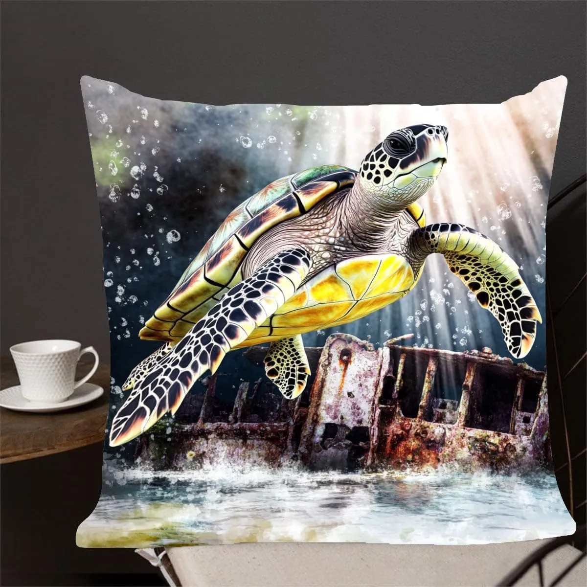 Throw Pillow Cover Sea Turtle Ocean Theme Hawksbill Turtle Near a Shipwreck at Twilight Pattern Wildlife Decor Lumbar Pillow Case Cushion for Sofa Couch Bed Standard Queen Size 12x12in x1pTfh