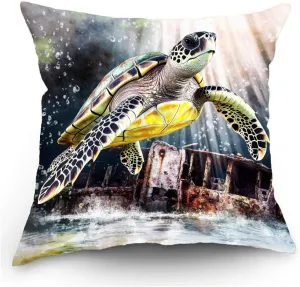 Throw Pillow Cover Sea Turtle Ocean Theme Hawksbill Turtle Near a Shipwreck at Twilight Pattern Wildlife Decor Lumbar Pillow Case Cushion for Sofa Couch Bed Standard Queen Size 12x12in x1pTfh