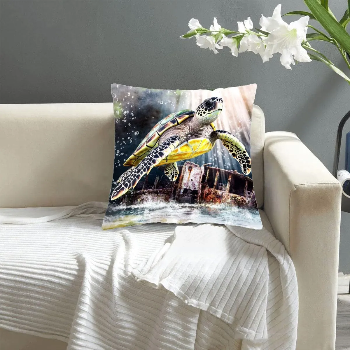 Throw Pillow Cover Sea Turtle Ocean Theme Hawksbill Turtle Near a Shipwreck at Twilight Pattern Wildlife Decor Lumbar Pillow Case Cushion for Sofa Couch Bed Standard Queen Size 12x12in x1pTfh