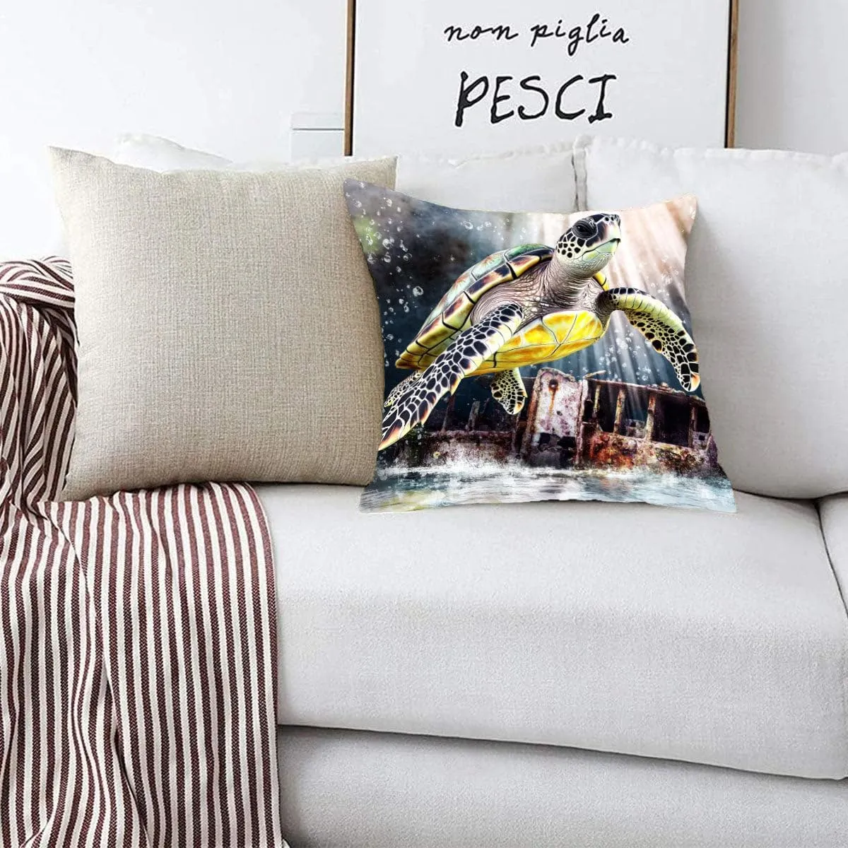 Throw Pillow Cover Sea Turtle Ocean Theme Hawksbill Turtle Near a Shipwreck at Twilight Pattern Wildlife Decor Lumbar Pillow Case Cushion for Sofa Couch Bed Standard Queen Size 12x12in x1pTfh