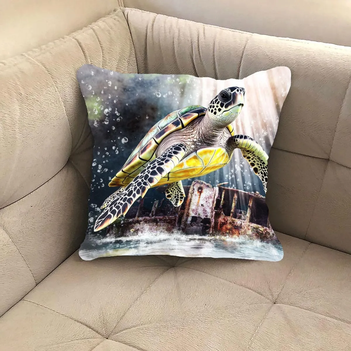 Throw Pillow Cover Sea Turtle Ocean Theme Hawksbill Turtle Near a Shipwreck at Twilight Pattern Wildlife Decor Lumbar Pillow Case Cushion for Sofa Couch Bed Standard Queen Size 12x12in x1pTfh