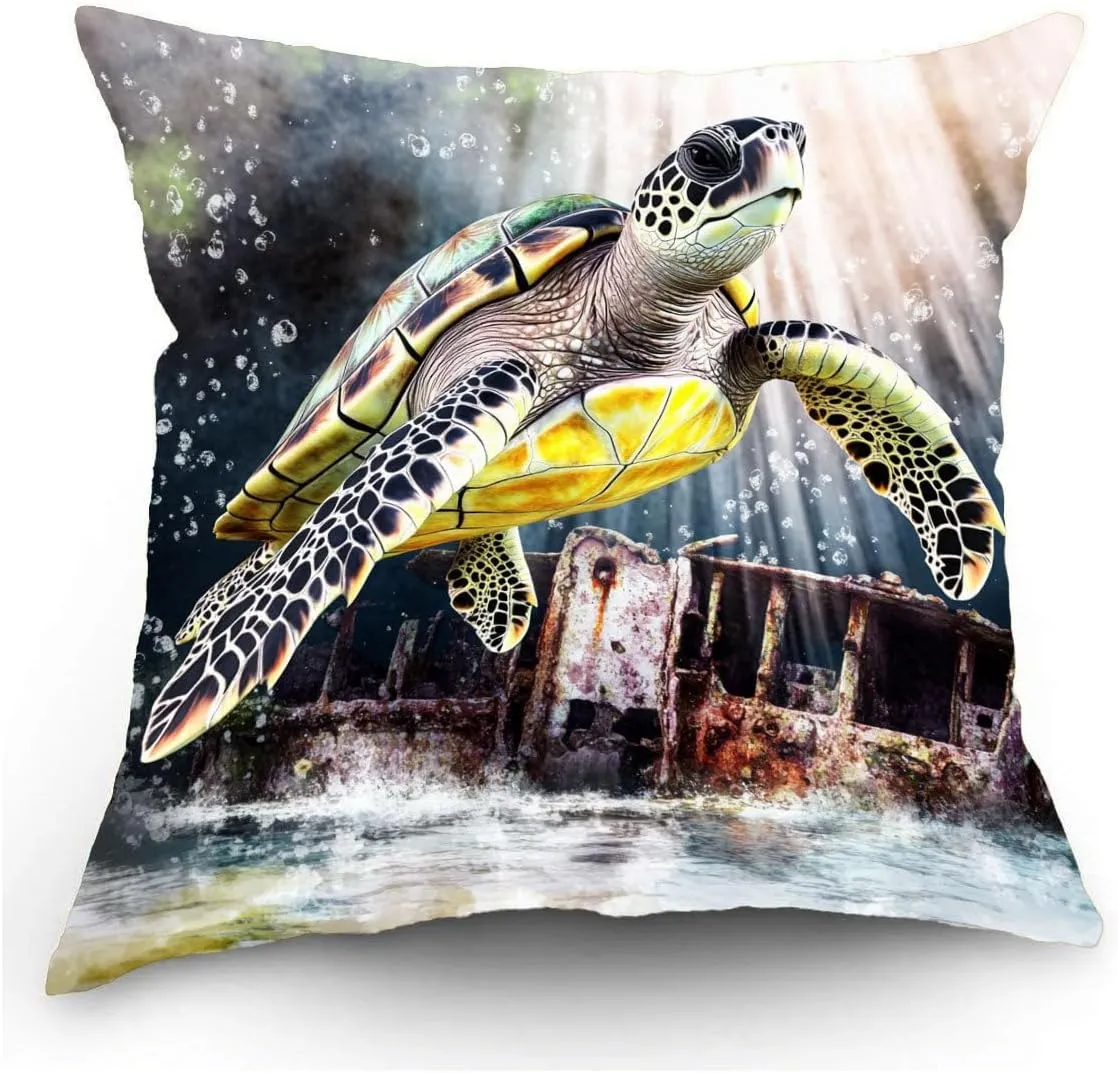 Throw Pillow Cover Sea Turtle Ocean Theme Hawksbill Turtle Near a Shipwreck at Twilight Pattern Wildlife Decor Lumbar Pillow Case Cushion for Sofa Couch Bed Standard Queen Size 12x12in x1pTfh