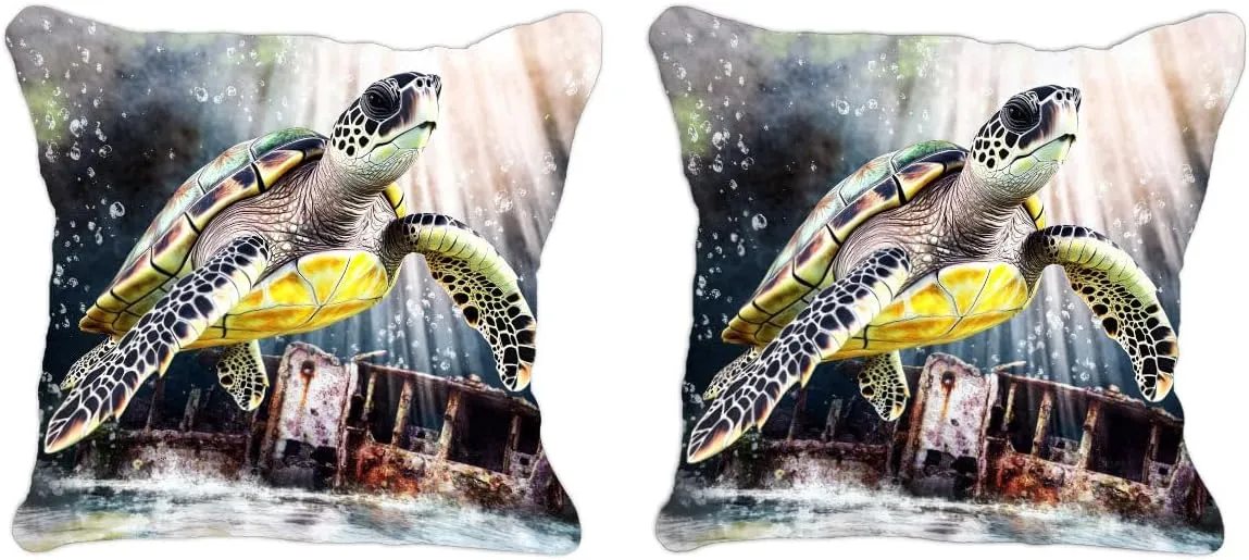 Throw Pillow Cover Sea Turtle Ocean Theme Hawksbill Turtle Near a Shipwreck at Twilight Pattern Wildlife Decor Lumbar Pillow Case Cushion for Sofa Couch Bed Standard Queen Size 12x12in x1pTfh