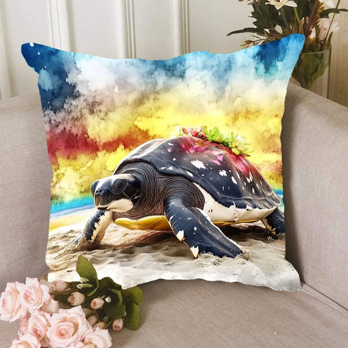 Throw Pillow Cover Sea Turtle Ocean Theme Leatherback Turtle on a Sandy Beach at Dawn Pattern Wildlife Decor Lumbar Pillow Case Cushion for Sofa Couch Bed Standard Queen Size 12x12in ABmJi5