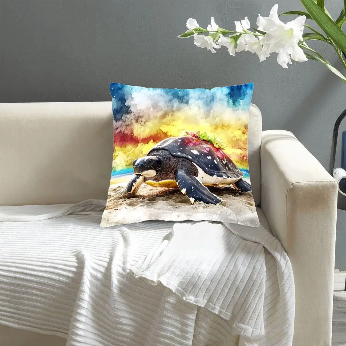 Throw Pillow Cover Sea Turtle Ocean Theme Leatherback Turtle on a Sandy Beach at Dawn Pattern Wildlife Decor Lumbar Pillow Case Cushion for Sofa Couch Bed Standard Queen Size 12x12in ABmJi5