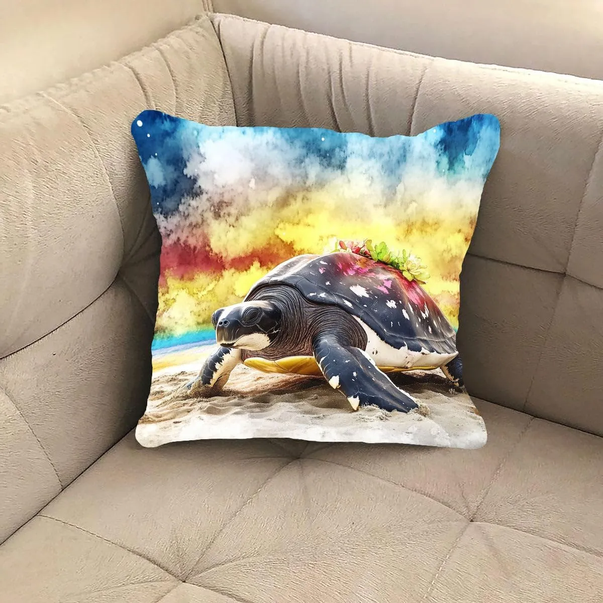 Throw Pillow Cover Sea Turtle Ocean Theme Leatherback Turtle on a Sandy Beach at Dawn Pattern Wildlife Decor Lumbar Pillow Case Cushion for Sofa Couch Bed Standard Queen Size 12x12in ABmJi5