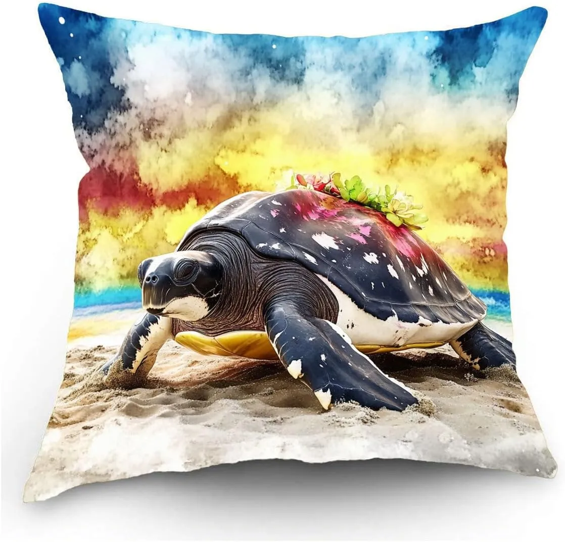 Throw Pillow Cover Sea Turtle Ocean Theme Leatherback Turtle on a Sandy Beach at Dawn Pattern Wildlife Decor Lumbar Pillow Case Cushion for Sofa Couch Bed Standard Queen Size 12x12in ABmJi5