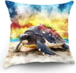 Throw Pillow Cover Sea Turtle Ocean Theme Leatherback Turtle on a Sandy Beach at Dawn Pattern Wildlife Decor Lumbar Pillow Case Cushion for Sofa Couch Bed Standard Queen Size 12x12in ABmJi5