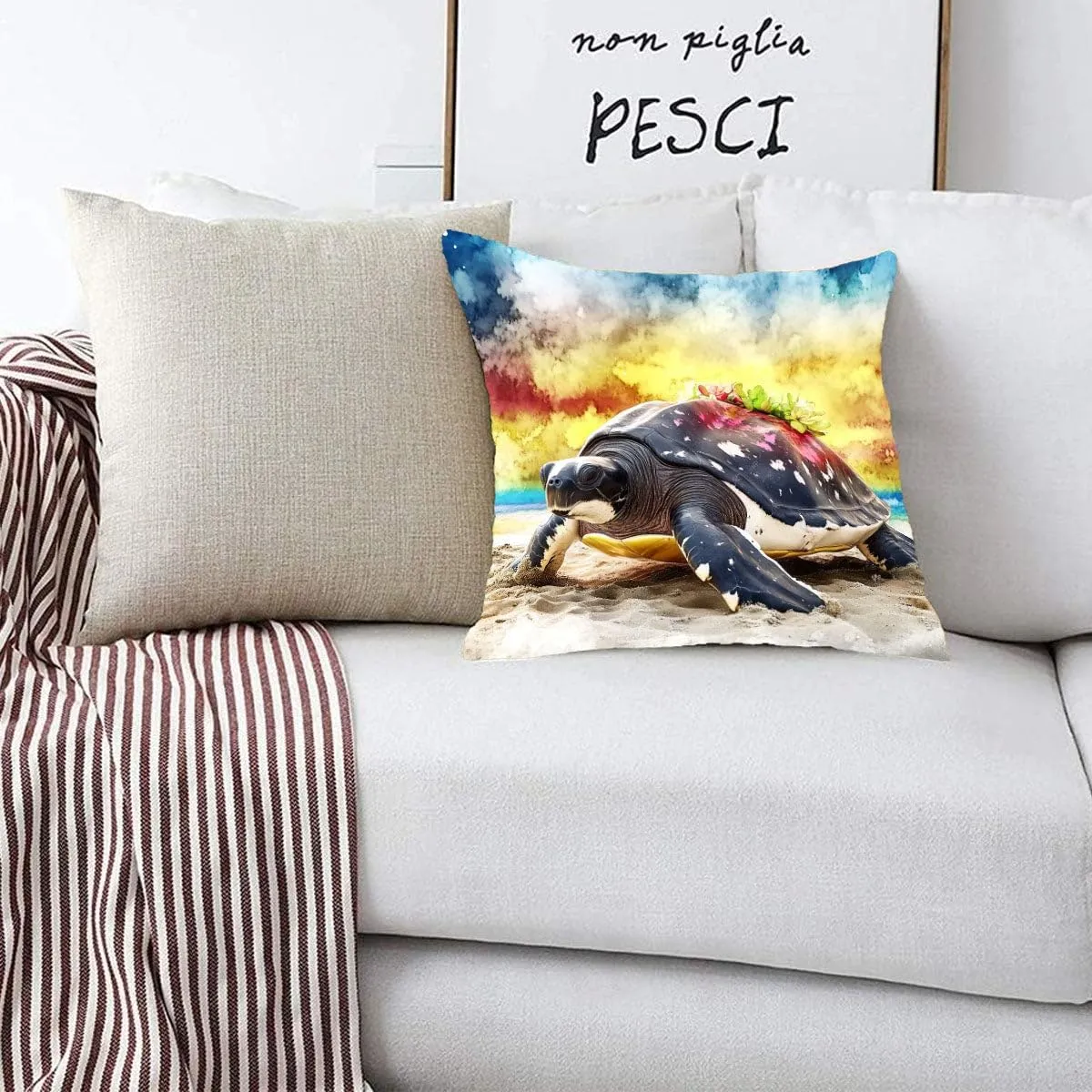 Throw Pillow Cover Sea Turtle Ocean Theme Leatherback Turtle on a Sandy Beach at Dawn Pattern Wildlife Decor Lumbar Pillow Case Cushion for Sofa Couch Bed Standard Queen Size 12x12in ABmJi5