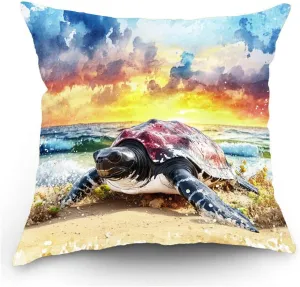 Throw Pillow Cover Sea Turtle Ocean Theme Leatherback Turtle on a Sandy Beach at Dawn Pattern Wildlife Decor Lumbar Pillow Case Cushion for Sofa Couch Bed Standard Queen Size 12x12in KLPf8w