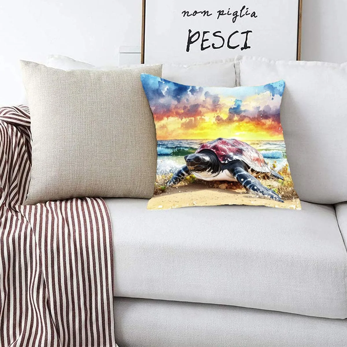 Throw Pillow Cover Sea Turtle Ocean Theme Leatherback Turtle on a Sandy Beach at Dawn Pattern Wildlife Decor Lumbar Pillow Case Cushion for Sofa Couch Bed Standard Queen Size 12x12in KLPf8w