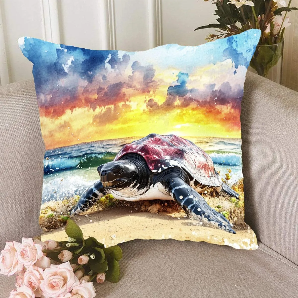Throw Pillow Cover Sea Turtle Ocean Theme Leatherback Turtle on a Sandy Beach at Dawn Pattern Wildlife Decor Lumbar Pillow Case Cushion for Sofa Couch Bed Standard Queen Size 12x12in KLPf8w