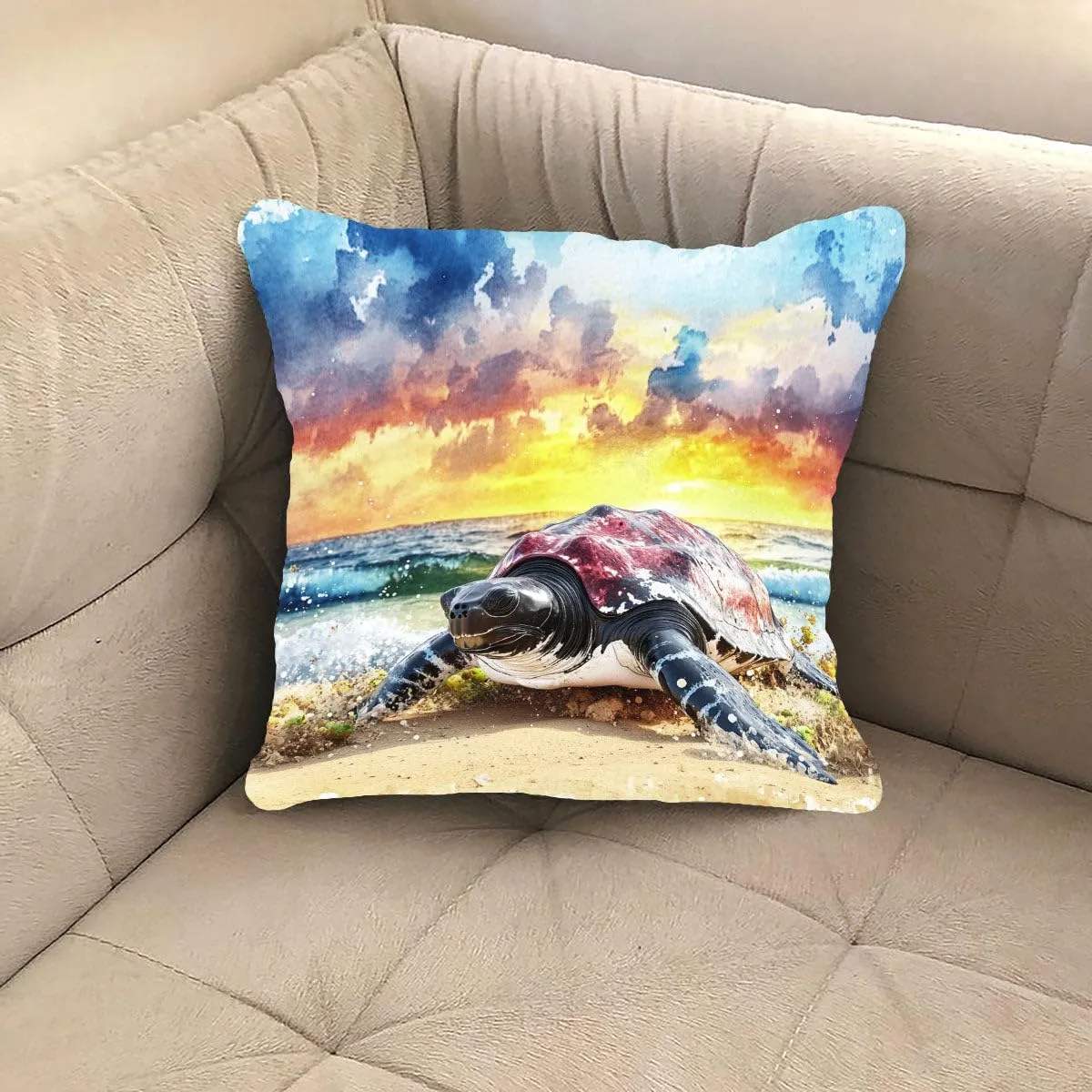 Throw Pillow Cover Sea Turtle Ocean Theme Leatherback Turtle on a Sandy Beach at Dawn Pattern Wildlife Decor Lumbar Pillow Case Cushion for Sofa Couch Bed Standard Queen Size 12x12in KLPf8w