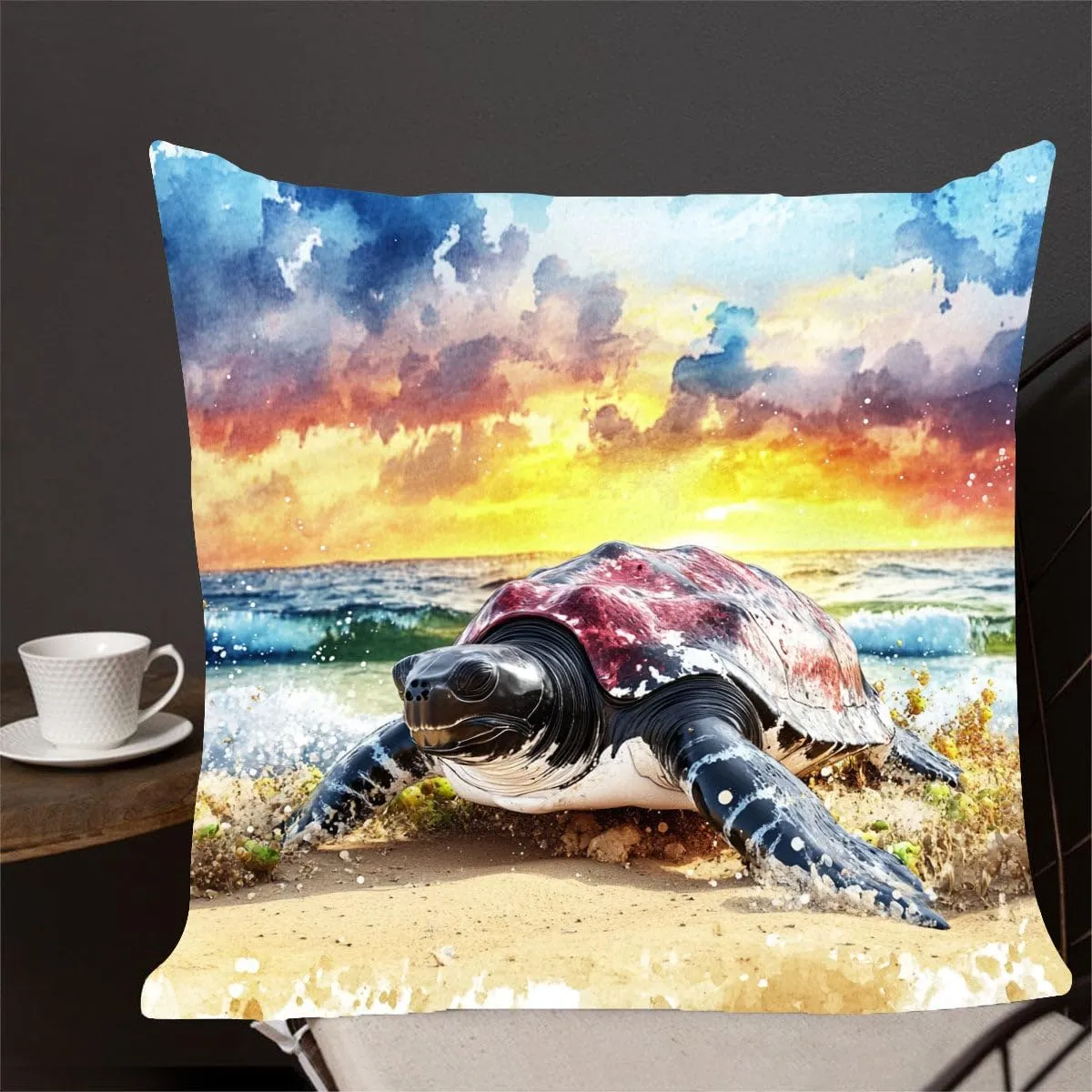 Throw Pillow Cover Sea Turtle Ocean Theme Leatherback Turtle on a Sandy Beach at Dawn Pattern Wildlife Decor Lumbar Pillow Case Cushion for Sofa Couch Bed Standard Queen Size 12x12in KLPf8w
