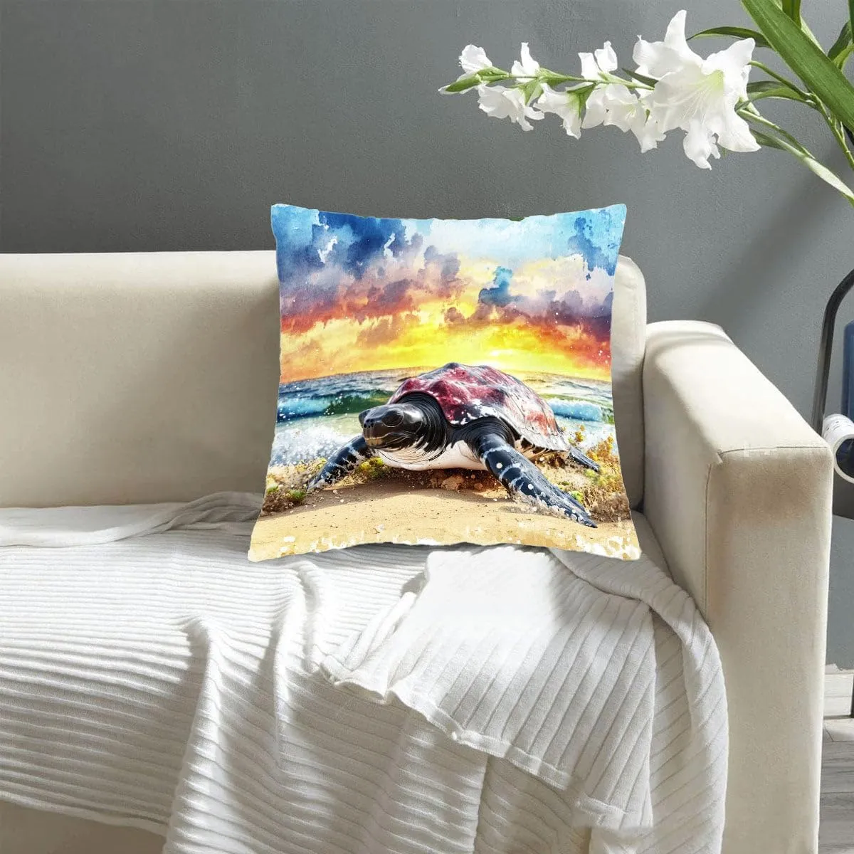 Throw Pillow Cover Sea Turtle Ocean Theme Leatherback Turtle on a Sandy Beach at Dawn Pattern Wildlife Decor Lumbar Pillow Case Cushion for Sofa Couch Bed Standard Queen Size 12x12in KLPf8w